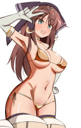 1girl absurdres alice_gear_aegis armpits bikini blush breasts brown_hair elbow_gloves gloves gold_bikini green_eyes hand_on_own_hip haruwo0096 highres kaneshiya_sitara large_breasts long_hair navel open_mouth simple_background smile solo sweat swimsuit thighhighs w white_background white_gloves
