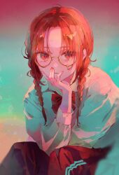 1girl bow braid commentary glasses hand_on_own_chin hand_on_own_face highres long_hair looking_at_viewer nail_polish nazuna_(nazuna_su) original red_eyes red_hair red_nails school_uniform simple_background solo symbol-only_commentary twin_braids twintails yellow-framed_eyewear