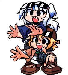 2girls animated backwards_hat black_eyes blonde_hair blue_hair blue_jacket brown_footwear brown_headwear brown_jacket carrying dancing eyewear_on_head fins fish_tail foxarcana friday_night_funkin&#039; friday_night_funkin&#039;_(style) gawr_gura hat hololive hololive_english jacket jewelry looping_animation minecraft multicolored_hair multiple_girls necklace open_hands open_mouth piggyback pump_(sr_pelo) shark_tail silver_hair skid_(sr_pelo) streaked_hair sunglasses tail two_side_up video virtual_youtuber watson_amelia