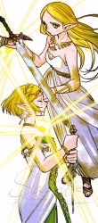 1girl age_progression armlet bare_shoulders bracelet braid breasts closed_eyes crown_braid dirty dirty_clothes dirty_face dress earrings gladiator_sandals green_eyes highres holding holding_sword holding_weapon jewelry long_dress long_hair master_sword medium_breasts mouyi nintendo pointy_ears princess_zelda sample_watermark sandals short_hair solo strapless strapless_dress sword teardrop_facial_mark the_legend_of_zelda the_legend_of_zelda:_breath_of_the_wild the_legend_of_zelda:_tears_of_the_kingdom watermark weapon white_dress