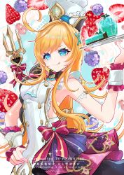 1girl :q absurdres ahoge apron blonde_hair blue_eyes blue_gemstone blush bow breasts chef_hat closed_mouth commentary_request escoffier_(genshin_impact) food fork_hair_ornament frilled_wrist_cuffs frills fruit gem genshin_impact grapes hand_on_own_hip hand_up hat heart heart_in_eye highres holding holding_tray karakusa_(ototsukiharu) long_hair mechanical_tail medium_breasts red_bow solo strawberry symbol_in_eye tail tongue tongue_out tray very_long_hair white_apron white_hat wrist_cuffs