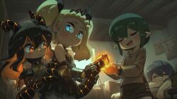 1boy 3girls :d absurdres bare_shoulders black_choker black_hair black_ribbon black_shorts blonde_hair chain choker closed_eyes collar commentary cressey_(porforever) cross cross_earrings cuffs day dragon_girl dragon_tail earrings english_commentary gauntlets glowing glowing_hand green_hair grey_shirt hair_between_eyes hair_ribbon healing hiding hiding_behind_another highres holding_another&#039;s_tail horns indoors jewelry long_hair metal_collar multicolored_hair multiple_girls open_mouth orange_eyes orange_hair original pointy_ears porforever ribbon scales shackles shirt shorts smile sweatdrop tail tiara twintails two-tone_hair wallace_(porforever) wavy_mouth