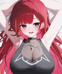 1girl akane_lize armpits arms_behind_head arms_up bare_arms bare_shoulders black_eyes black_shirt blunt_bangs breasts covered_collarbone ear_piercing earrings fangs hashtag-only_commentary highres huhi_(huhi_1211) jewelry large_breasts lying multicolored_hair necklace on_back open_mouth piercing red_hair see-through_cleavage see-through_clothes shirt sleeveless sleeveless_shirt solo stellive streaked_hair virtual_youtuber