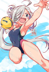 1girl ahoge artist_logo asashimo_(kancolle) ball black_one-piece_swimsuit breasts covered_navel dated feet_out_of_frame grey_eyes grey_hair hair_over_one_eye highleg highleg_one-piece_swimsuit highres kantai_collection kutone_shirika logo multicolored_swimsuit one-piece_swimsuit open_mouth ponytail sharp_teeth small_breasts smile solo swimsuit teeth throwing