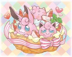 blue_eyes blush cream_puff eating evolutionary_line food food_focus fruit gao_(2334787) gen_1_pokemon gen_2_pokemon gradient_background happy heart igglybuff jigglypuff nintendo no_humans pokefood pokemon pokemon_(creature) pudding ribbon strawberry wigglytuff