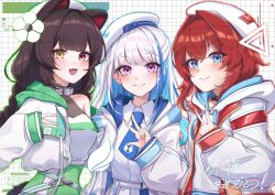 3girls :d absurdres ange_katrina animal_ears anniversary armpit_crease belt beret biggukonbu blue_eyes blue_hair blue_necktie blush braid breasts brown_collar brown_hair brown_tail cleavage closed_mouth collar collarbone collared_shirt colored_inner_hair commentary_request dog_ears dog_girl dotted_line fang green_skirt grey_collar grid_background hair_intakes halter_shirt halterneck hand_up hat heterochromia high-waist_skirt highres hood hood_down inui_toko inward_v jacket lips lize_helesta long_hair looking_at_viewer low_twin_braids matching_outfits medium_breasts multicolored_hair multiple_girls necktie nijisanji official_alternate_costume open_clothes open_jacket open_mouth purple_eyes red_eyes red_hair sanbaka_(nijisanji) see-through_cleavage see-through_clothes shirt short_hair sidelocks single_bare_shoulder single_off_shoulder skirt sleeveless sleeveless_shirt sleeves_past_wrists small_breasts smile streaked_hair tail translation_request twin_braids two-tone_hair two_side_up upper_body v virtual_youtuber w white_background white_belt white_hair white_hat white_jacket white_skirt yellow_eyes