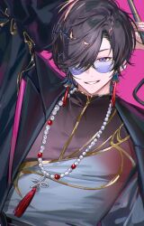 1boy bead_necklace beads black_hair glasses grin highres jewelry looking_at_viewer male_focus miroku_(butuzo33) necklace nijisanji one_eye_covered pink_background purple_eyes shikinagi_akira short_hair simple_background smile solo teeth virtual_youtuber