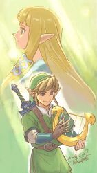 1boy 1girl belt blonde_hair blue_eyes blunt_bangs brown_belt brown_gloves closed_mouth dated fingerless_gloves gloves green_background green_hat green_tunic harp hashtag-only_commentary hat highres holding holding_instrument instrument layered_sleeves link long_hair long_sleeves master_sword nintendo pointy_ears princess_zelda short_hair short_over_long_sleeves short_sleeves sidelocks signature smile swept_bangs sword sword_on_back takapon-o-ji the_legend_of_zelda the_legend_of_zelda:_skyward_sword tunic weapon weapon_on_back