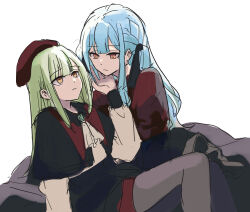 Rule 34 | 2girls, bang dream!, bang dream! it&#039;s mygo!!!!!, black capelet, black pantyhose, black ribbon, black skirt, blue hair, capelet, chinese commentary, closed mouth, commentary request, cutewolf1230, expressionless, green hair, hair ribbon, hat, highres, long hair, long sleeves, looking at another, mortis (bang dream!), mortis (costume) (bang dream!), multiple girls, oblivionis (bang dream!), pantyhose, red hat, red shirt, ribbon, shirt, simple background, skirt, togawa sakiko, two side up, wakaba mutsumi, white background, yellow eyes, yuri