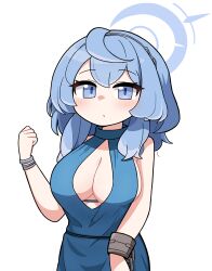 1girl absurdres ako_(blue_archive) ako_(dress)_(blue_archive) blue_archive blue_dress blue_eyes blue_hair blue_halo blush breasts cleavage closed_mouth cuffs dress hair_between_eyes halo handcuffs highres large_breasts long_hair looking_at_viewer official_alternate_costume simple_background sleeveless sleeveless_dress solo tagyeokgam upper_body white_background