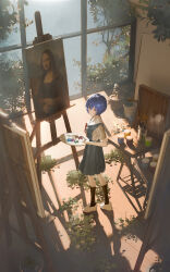 2girls absurdres ayanami_rei black_socks blue_hair closed_mouth dress fine_art_parody grey_dress hair_between_eyes highres holding holding_paint_palette kino_(user_scft3885) kneehighs looking_at_viewer mona_lisa multiple_girls neon_genesis_evangelion paint_palette painting_(object) parody red_eyes red_ribbon ribbon shirt shoes short_hair short_sleeves socks solo_focus white_shirt white_shoes