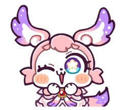 1girl :3 bkub blue_eyes blush_stickers brooch cape chibikemo commentary dot_nose english_commentary furry furry_female guest_art honkai:_star_rail honkai_(series) jewelry looking_at_viewer mem_(honkai:_star_rail) multicolored_eyes official_art one_eye_closed open_mouth purple_eyes red_brooch second-party_source simple_background solo star-shaped_pupils star_(symbol) symbol-shaped_pupils tail transparent_background white_cape