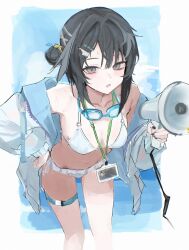 Rule 34 | arknights, bikini, black hair, border, breasts, commentary, cowboy shot, death unagi, goggles, goggles around neck, grey eyes, hair between eyes, hair ornament, hairclip, hand on own hip, highres, holding, holding megaphone, jacket, la pluma (arknights), la pluma (summer flowers) (arknights), lanyard, leaning, leaning forward, long sleeves, looking at viewer, medium breasts, megaphone, navel, off shoulder, official alternate costume, outside border, parted lips, short hair, standing, sweat, swimsuit, thigh strap, white bikini, white border, white jacket