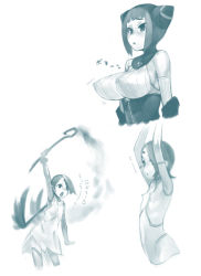 2girls aqua_theme armpits blue_theme breasts breath_of_fire breath_of_fire_v capcom flat_chest huge_breasts impossible_clothes large_breasts lin lin_(breath_of_fire) monochrome multiple_girls nina_(breath_of_fire_v) oohara_kyuutarou