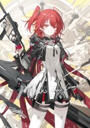 Rule 34 | 1girl, arknights, black gloves, black jacket, black shorts, commentary, commission, cropped jacket, elbow gloves, exusiai (arknights), exusiai the new covenant (arknights), fingerless gloves, gloves, gun, highres, holding, holding gun, holding weapon, jacket, kriss vector, long sleeves, looking at viewer, luozhou pile, medium hair, one side up, orange eyes, red hair, shirt, shorts, smile, solo, submachine gun, thighhighs, weapon, white shirt, white thighhighs