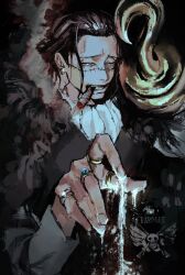1boy ascot black_hair black_vest cigar crocodile_(one_piece) earrings glint hair_slicked_back highres hook_hand jewelry looking_at_viewer male_focus one_eye_closed one_piece ring runa_3152 sand smoke solo stitched_face stitches upper_body vest white_ascot