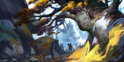 Rule 34 | 1boy, castle, chinnkun, cliff, facing away, fantasy, fog, landscape, original, painterly, rock, signature, tree, yellow leaf