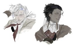 Rule 34 | 2boys, allen walker, black hair, blue eyes, brown coat, brown suit, claws, coat, collared coat, collared shirt, colored extremities, colored skin, cross, d.gray-man, earrings, facial mark, floating hair, forehead mark, formal clothes, gloves, grabbing another&#039;s hair, grey skin, grin, hair between eyes, hair slicked back, holding another&#039;s hair, jewelry, jilalli, looking at another, low ponytail, male focus, mature male, medium hair, mole, mole under eye, multiple boys, neckerchief, noah (d.gray-man), ponytail, red ribbon, red skin, ribbon, scar, scar across eye, scar on face, shirt, short hair, sidelocks, simple background, smile, star (symbol), star facial mark, stud earrings, suit, trench coat, tyki mikk, white background, white gloves, white hair, white neckerchief, white shirt, yellow eyes