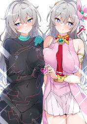 2girls absurdres asymmetrical_docking black_bodysuit blue_eyes bodysuit breast_press breasts commentary_request cosplay covered_navel dual_persona firefly_(honkai:_star_rail) grey_hair heart heart_hands heart_hands_duo highres honkai:_star_rail honkai_(series) large_breasts long_hair looking_at_viewer multiple_girls necktie nia_teppelin nia_teppelin_(cosplay) pink_shirt red_necktie shirt simple_background skirt tengen_toppa_gurren_lagann white_background white_skirt xlyami