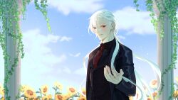 1boy :d a_date_with_death black_shirt black_suit blue_sky blurry blurry_background blush casper_(a_date_with_death) cloud cloudy_sky collared_shirt column field flower flower_field formal_clothes grin hair_flowing_over hair_over_shoulder hair_slicked_back highres jellyfish_cut light_particles looking_at_viewer male_focus necktie non-web_source offering_hand official_art open_mouth outstretched_hand pillar plant reaching reaching_towards_viewer red_eyes red_necktie shirt sky smile solo suit sunflower sunflower_field tuxedo upper_body vines wedding_arch white_hair