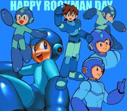 Rule 34 | 3boys, arm cannon, armor, blue armor, blue background, blue eyes, blue helmet, cowboy shot, english text, full body, helmet, male focus, mega man (character), mega man (classic), mega man (ruby-spears), mega man (series), mega man day, mega man legends (series), mega man volnutt, mo003112, multiple boys, multiple views, simple background, standing, thumbs up, upper body, weapon