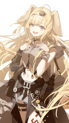 Rule 34 | 1girl, :d, absurdres, animal ears, arknights, bare shoulders, blonde hair, blue eyes, brigid (arknights), commentary, cowboy shot, crop top, dog ears, dog girl, english commentary, floating hair, grey shirt, hairband, highres, long hair, looking at viewer, luozhou pile, midriff, navel, open mouth, pouch, shirt, sketch, sleeveless, sleeveless shirt, smile, solo, standing, very long hair, yellow hairband