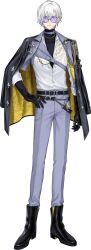 1boy aiguillette belt black_belt black_boots black_coat black_gloves black_shirt blue_eyes boots choker coat coat_on_shoulders collared_shirt elbow_gloves floral_print full_body glasses gloves grey_choker grey_pants hand_on_own_hip highres jewelry kaelix_debonair long_sleeves looking_at_viewer male_focus necklace nijisanji nijisanji_en official_art pants purple-tinted_eyewear saino_misaki shirt short_hair smile solo tachi-e tinted_eyewear transparent_background two-sided_fabric virtual_youtuber white_hair white_shirt yellow_coat