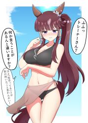 Rule 34 | 1girl, absurdres, alternate costume, animal ears, azusa (azusa0325), blunt bangs, blush, breasts, brown hair, cleavage, closed mouth, collarbone, highres, horse ears, horse girl, horse tail, large breasts, lucky lilac (umamusume), purple eyes, side ponytail, sky, solo, swimsuit, tail, umamusume