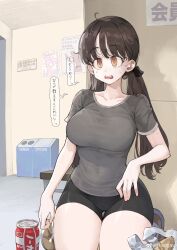 1girl absurdres bag bench big_sister_(navigavi) bike_shorts breasts brown_hair can drink_can exhausted gym highres jun_(navigavi) large_breasts low_twintails messy_hair orange_eyes original poster_(object) recycle_bin shirt shoes shopping_bag sneakers soda_can sweat t-shirt thick_thighs thighs tight_clothes translation_request trash_can twintails watermark weibo_watermark