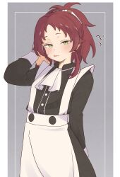 Rule 34 | 1girl, absurdres, aisha greyrat, apron, black dress, blush, dress, green eyes, grey background, hairband, highres, long sleeves, looking at viewer, maid apron, medium hair, mushoku tensei, parted bangs, red hair, root (1732050807point), solo, tongue, tongue out, two-tone background, waist apron, white apron, white background, white hairband