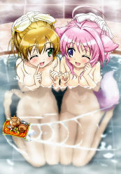 Rule 34 | 10s, 2girls, ;d, absurdres, barefoot, breasts, brown hair, character doll, cleavage, dog days, dog girl, feet, finger to mouth, from above, green eyes, hashidate kana, highres, kuberu e pastillage, millhiore f. biscotti, multiple girls, navel, nude, nyantype, official art, one eye closed, onsen, open mouth, pink hair, purple eyes, rebecca anderson, scan, sitting, smile, toy, water, winding key, wink, yokozuwari