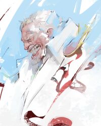 1boy absurdres beard clenched_teeth closed_eyes coat epaulettes facial_hair highres kanji_(nievart) male_focus monkey_d._garp old old_man one_piece profile scar scar_on_face short_hair solo teeth upper_body white_coat white_hair