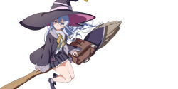 1girl bag black_boots black_hat black_robe black_skirt blue_eyes blush boots bow broom broom_riding brown_bow closed_mouth collared_shirt commentary_request deatheach dress_shirt elaina_(majo_no_tabitabi) hair_between_eyes hat highres hood hood_down hooded_robe long_sleeves majo_no_tabitabi open_clothes open_robe pleated_skirt robe shirt silver_hair simple_background skirt sleeves_past_wrists smile solo white_background white_shirt wide_sleeves witch_hat