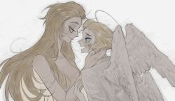 1boy 1girl angel angel_wings blonde_hair blush couple face-to-face feathered_wings hair_slicked_back hazbin_hotel husband_and_wife lilith_(hazbin_hotel) long_hair lucifer_morningstar_(hazbin_hotel) nude smile tppiiiiqqt wings