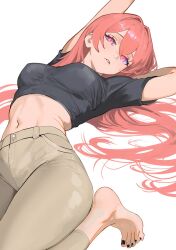 1girl arched_back arms_up barefoot black_nails black_shirt breasts brown_pants cover crop_top davoxime eyelashes feet foot_out_of_frame glowing glowing_eyes hair_between_eyes hair_intakes hair_spread_out heel_pop highres impossible_clothes impossible_shirt long_hair looking_at_viewer lying medium_breasts midriff nail_polish navel on_back original pants parted_lips pink_eyes pink_hair shadow shirt shoes short_sleeves solo textless_version thighs toenail_polish toenails very_long_hair