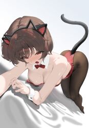 1girl absurdres all_fours animal_ear_hairband animal_ears annoyed arm_support artist_request bare_arms bare_back bare_shoulders bent_over black_pantyhose black_tail blush bow bowtie breasts brown_hair cat_ear_hairband cat_ears cat_tail cleavage clothing_cutout collar commentary_request commission detached_collar dutch_angle embarrassed fake_animal_ears foreshortening frown full_body furrowed_brow hairband half-closed_eyes highleg highleg_leotard highres korean_commentary large_breasts leotard looking_at_viewer mole mole_on_breast mole_under_eye no_shoes nontraditional_playboy_bunny nose_blush open_mouth original pantyhose perspective prunechi red_bow red_bowtie red_eyes red_leotard second-party_source selfie short_hair strapless strapless_leotard tail tail_through_clothes top-down_bottom-up white_collar white_wrist_cuffs wing_collar wrist_cuffs
