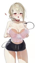 Rule 34 | 1girl, absurdres, black shorts, blonde hair, blush, breasts, collar, dance arm, demon tail, grey hair, hair ornament, hairclip, highres, large breasts, looking at viewer, original, red collar, red eyes, short shorts, shorts, simple background, solo, sweat, tail, tank top, tongue, tongue out, white background, white tank top