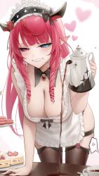 +_+ 1girl absurdres apron aqua_eyes black_horns blush breasts brown_thighhighs cake cake_slice cleavage closed_eyes commentary cup curly_hair english_commentary food grin heart heterochromia highres holding holding_kettle hololive hololive_english horns irys_(hololive) kettle large_breasts long_hair looking_at_viewer maid_headdress narrowed_eyes pink_eyes pink_hair pointy_ears simple_background smile solo somebody_(leiking00) teacup thighhighs thighs virtual_youtuber white_apron white_background