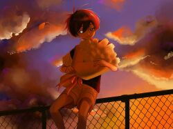 Rule 34 | 1boy, antenna hair, black eyes, black hair, black sweater vest, bouquet, brown shorts, chain-link fence, cloud, double-parted bangs, eyepatch, fence, flower, grey eyes, heterochromia, highres, holding, holding bouquet, looking at viewer, male focus, noumiso0207, omori, open mouth, outdoors, pink ribbon, ribbon, shirt, short sleeves, shorts, sitting, sky, solo, spoilers, sunny (omori), sunset, sweater vest, tulip, unworn eyepatch, white flower, white shirt, white tulip