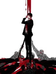 Rule 34 | 1boy, arm up, belt, black eyes, black suit, blood, blood drip, blood from forehead, blood on clothes, blood on face, blood on hands, bloody weapon, collared shirt, corpse, covering own mouth, dripping, formal clothes, full body, head tilt, highres, holding, holding sword, holding weapon, library of ruina, male focus, people, pile of corpses, project moon, reaching, reaching towards another, roland (project moon), shirt, silhouette, solo, standing, suit, sword, weapon, white background, white shirt, wuruko