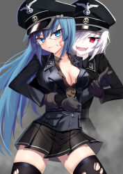 2girls arm_around_waist artistic_error bite_mark bite_mark_on_neck black_jacket black_skirt black_thighhighs blood blood_on_face blue_eyes blue_hair breast_pocket breasts brown_shirt buttons cleavage clenched_teeth colored_skin commission corruption dark_persona drooling fangs glasses gloves grey_background grey_gloves hat highres holding_another&#039;s_wrist jacket jiseki_rena long_hair medium_breasts medium_hair military_uniform miniskirt multiple_girls nazi original peaked_cap pixiv_commission pleated_skirt pocket red_eyes reichsadler restrained shirt siegrunen simple_background skirt teeth thighhighs thighs torn_clothes totenkopf tsurime upper_teeth_only v-shaped_eyebrows very_long_hair white_hair white_skin zettai_ryouiki