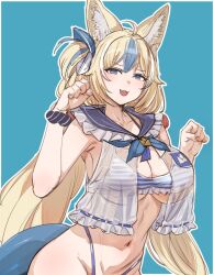 Rule 34 | 1girl, :3, ahoge, animal ears, bikini, blue background, blue bikini, blue eyes, blue hair, blue neckerchief, blue ribbon, blue sailor collar, blue scrunchie, blue tail, blush, border, bow (bhp), breasts, brown hair, cat ears, cat girl, collarbone, fangs, fins, fish tail, frilled bikini, frills, hair ribbon, highleg, highleg bikini, highres, indie virtual youtuber, large breasts, lifebuoy hair ornament, long hair, looking at viewer, multicolored bikini, multicolored hair, navel, neckerchief, open mouth, paw pose, ribbon, sailor collar, sameko saba, scrunchie, see-through clothes, see-through shirt, shark girl, shark tail, shirt, smile, solo, stomach, streaked hair, striped bikini, striped clothes, swimsuit, tail, twintails, two-tone bikini, two-tone hair, virtual youtuber, white bikini, white border, white shirt, wrist scrunchie