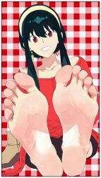 1girl absurdres barefoot black_hair boots feet hairband highres long_hair looking_at_viewer parted_lips red_eyes shoes single_shoe soles spy_x_family tira toes unworn_boots unworn_shoes yor_briar