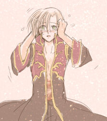 1boy asymmetrical_bangs blonde_hair blush brown_coat brown_pants burn_scar coat commentary_request cowboy_shot dated_commentary gold_trim green_eyes hair_between_eyes hands_on_own_head long_sleeves looking_at_viewer male_focus multicolored_coat nose_blush open_clothes open_coat open_mouth pants pink_background priest_(ragnarok_online) ragnarok_online red_coat scar scar_on_stomach sharari short_hair solo tearing_up two-tone_coat