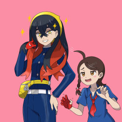 2girls :d ahoge asatsuki_(fgfff) belt belt_buckle black_hair blue_jacket blue_pants blue_shirt blush_stickers braid brown_eyes brown_hair buckle buttons carmine_(pokemon) collared_shirt commentary_request eyelashes fanny_pack gloves grin hair_between_eyes hairband hand_up highres jacket juliana_(pokemon) long_hair long_sleeves mole mole_under_eye multicolored_hair multiple_girls nintendo open_mouth pants partially_fingerless_gloves pink_background pokemon pokemon_sv red_gloves red_hair shirt single_glove smile sparkle teeth tongue two-tone_hair white_belt yellow_bag yellow_eyes yellow_hairband