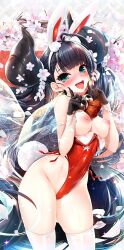 1girl animal_ears azur_lane black_gloves black_hair breasts fake_animal_ears flower gloves green_eyes hair_flower hair_ornament hairband katsuragi_(azur_lane) leotard long_hair medium_breasts nipples oshiki_hitoshi playboy_bunny puffy_nipples rabbit_ears rabbit_tail solo tail thighhighs tongue tongue_out very_long_hair