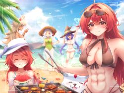 Rule 34 | 5girls, :d, ;), abs, aged up, ahoge, animal ear fluff, animal ears, arms up, bare shoulders, beach, beef, bikini, bikini skirt, bird, black bikini, black hairband, blue hair, blue sky, bracelet, braid, breasts, cat ears, cat girl, christina greyrat, cleavage, closed eyes, closed mouth, cloud, collarbone, commentary, cooking, corn, cowboy shot, crab, crossed bangs, dark-skinned female, dark skin, day, dog, eating, elf, eris greyrat, eyewear on head, flower, food, frilled bikini, frills, fruit, full body, ghislaine dedoldia, green one-piece swimsuit, grey hair, grill, grilled corn, grilling, h3p0, hair between eyes, hair flaps, hair flower, hair intakes, hair ornament, hairband, hat, highres, holding, holding food, holding popsicle, holding tongs, jewelry, large breasts, large hat, lens flare, leo (mushoku tensei), long braid, long hair, looking at viewer, medium breasts, medium hair, mother and daughter, multi-strapped bikini bottom, multiple girls, mushoku tensei, navel, ocean, one-piece swimsuit, one eye closed, open mouth, outdoors, parted bangs, pointy ears, popsicle, recording, red eyes, red hair, roxy migurdia, sidelocks, sky, small breasts, smile, standing, standing on one leg, starfish, stomach, straw hat, sun hat, sunglasses, swept bangs, swimsuit, sylphiette (mushoku tensei), thick eyebrows, tongs, twin braids, v, very long hair, viewfinder, watermelon, watermelon slice, white bikini, white hair, witch hat