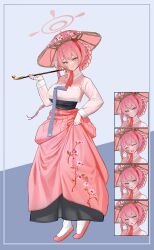 Rule 34 | 1girl, absurdres, alternate costume, blue archive, blue ribbon, bow, braid, braided bun, cbwook, closed eyes, closed mouth, green eyes, hair between eyes, hair bow, hair bun, hanako (blue archive), hat, highres, holding, holding smoking pipe, laughing, long hair, looking at viewer, open mouth, pink hat, pink shirt, pink shoes, pink skirt, red straps, ribbon, shirt, shoes, sidelocks, skirt, skirt hold, smile, smoking pipe, socks, solo, sweatdrop, teeth, upper teeth only, white bow, white socks