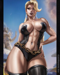 1girl abs artist_name black_leotard black_thighhighs blonde_hair blue_eyes blue_lips blue_nails breasts chain choker cleavage collarbone commentary dandon_fuga diamond_earrings earrings emma_frost gold_chain hand_on_own_hip heart highres jewelry large_breasts leotard licking_lips lipstick looking_at_viewer makeup marvel marvel_rivals navel_piercing outdoors piercing short_hair solo thick_thighs thighhighs thighs tongue tongue_out x-men