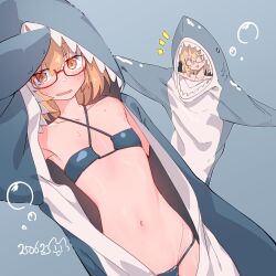 1girl absurdres air_bubble animal_costume animal_hood bikini blonde_hair blue_background blue_bikini blush bubble collarbone commentary criss-cross_halter dated flat_chest glasses halterneck highres hood hood_up indie_virtual_youtuber kasai_itsuki kasai_itsuki_(artist) looking_at_viewer multiple_views navel orange_eyes red-framed_eyewear semi-rimless_eyewear shark_costume shark_hood short_hair simple_background stomach string_bikini swimsuit under-rim_eyewear virtual_youtuber